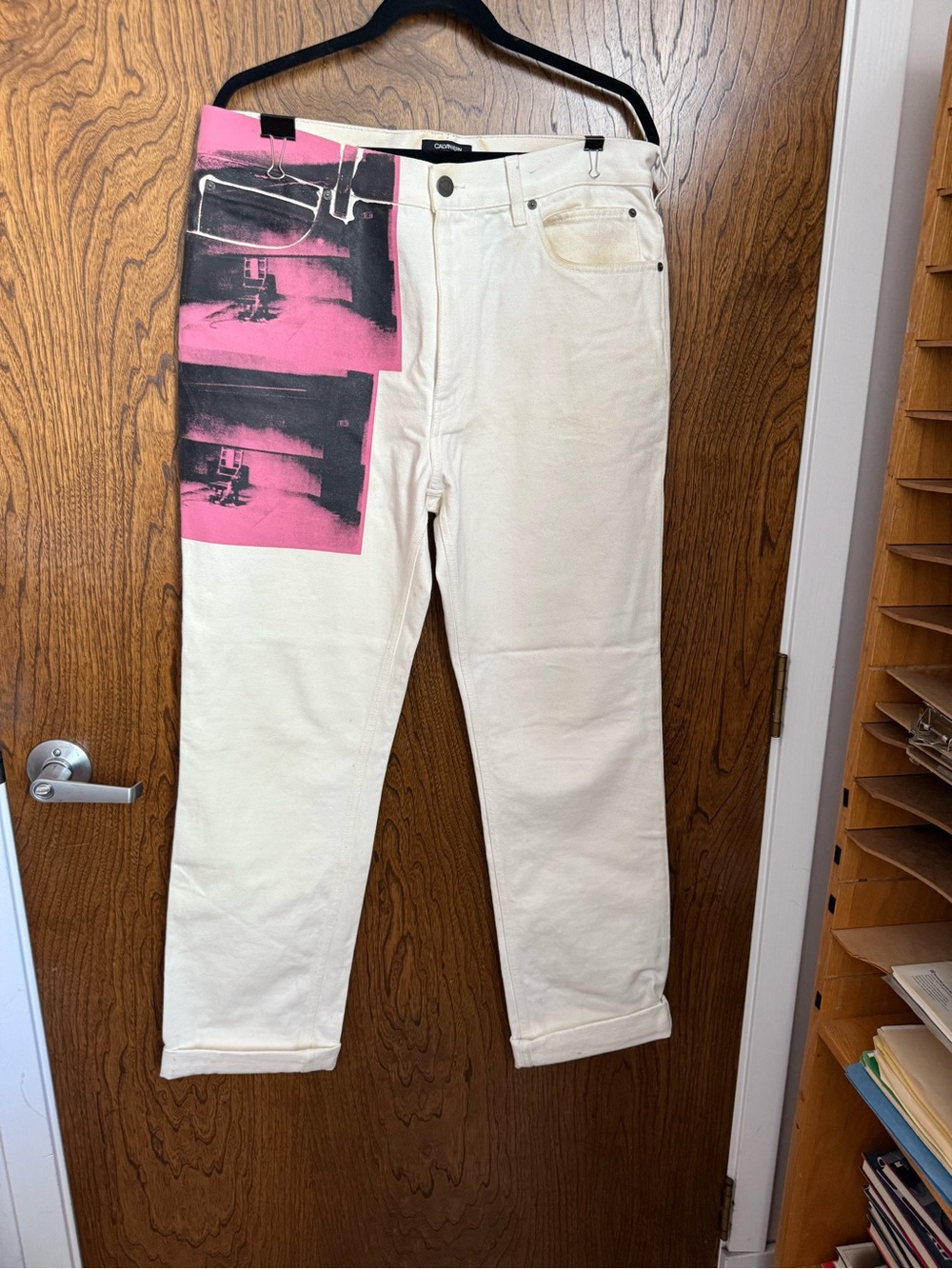 Calvin Klein Denim Andy Warhol Jeans with Pink Graphic Panel.